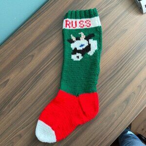 23" Hand-Knit Christmas Stocking With Cow Design & Name "Russ" In Festive Red Gr